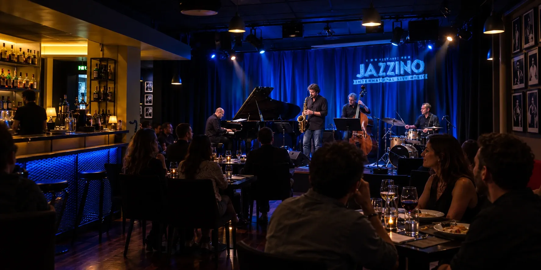 Concerto jazz con pianoforte, contrabbasso e batteria nella sala del Jazzino a Cagliari